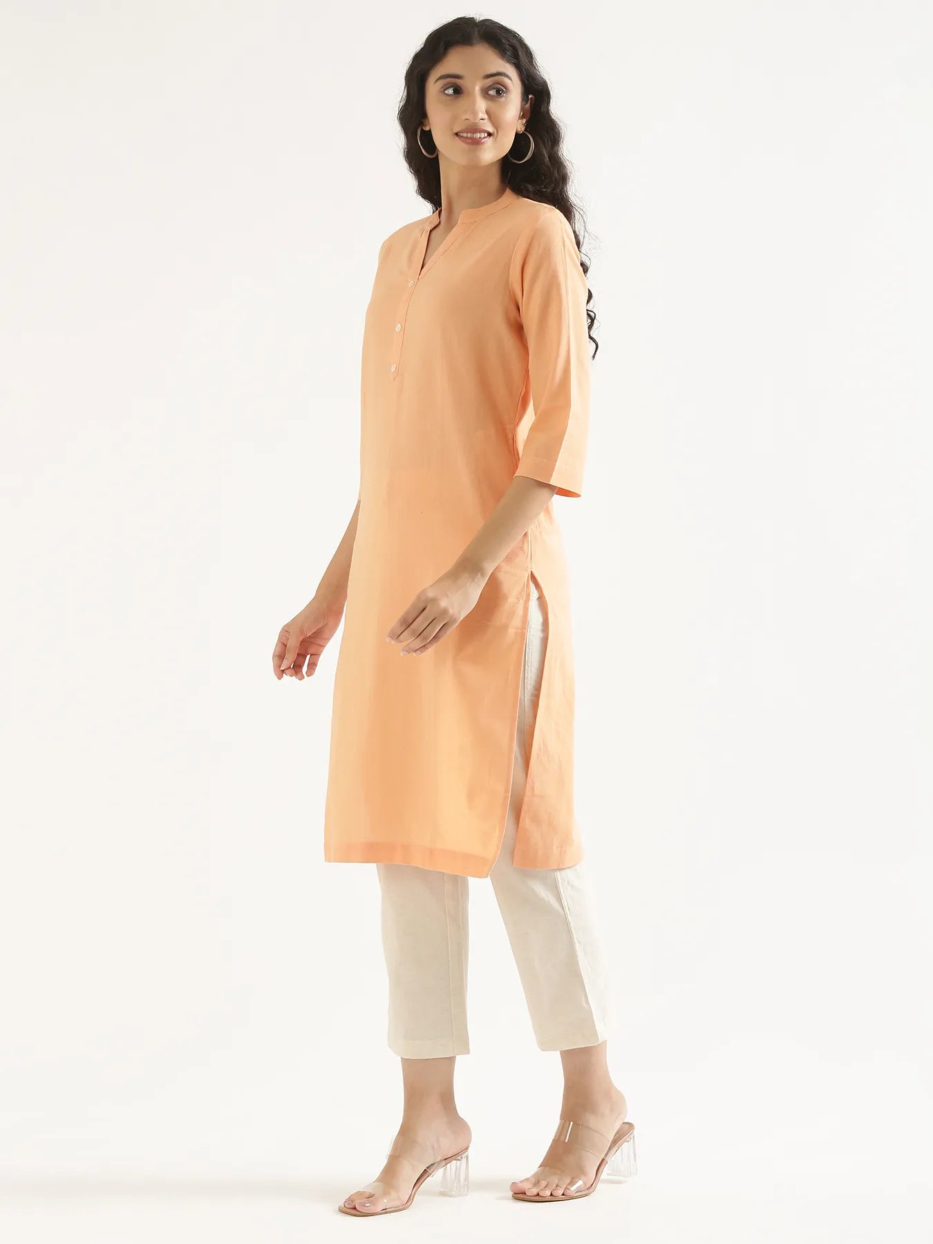 Women Peach Airy Linen Long Kurta