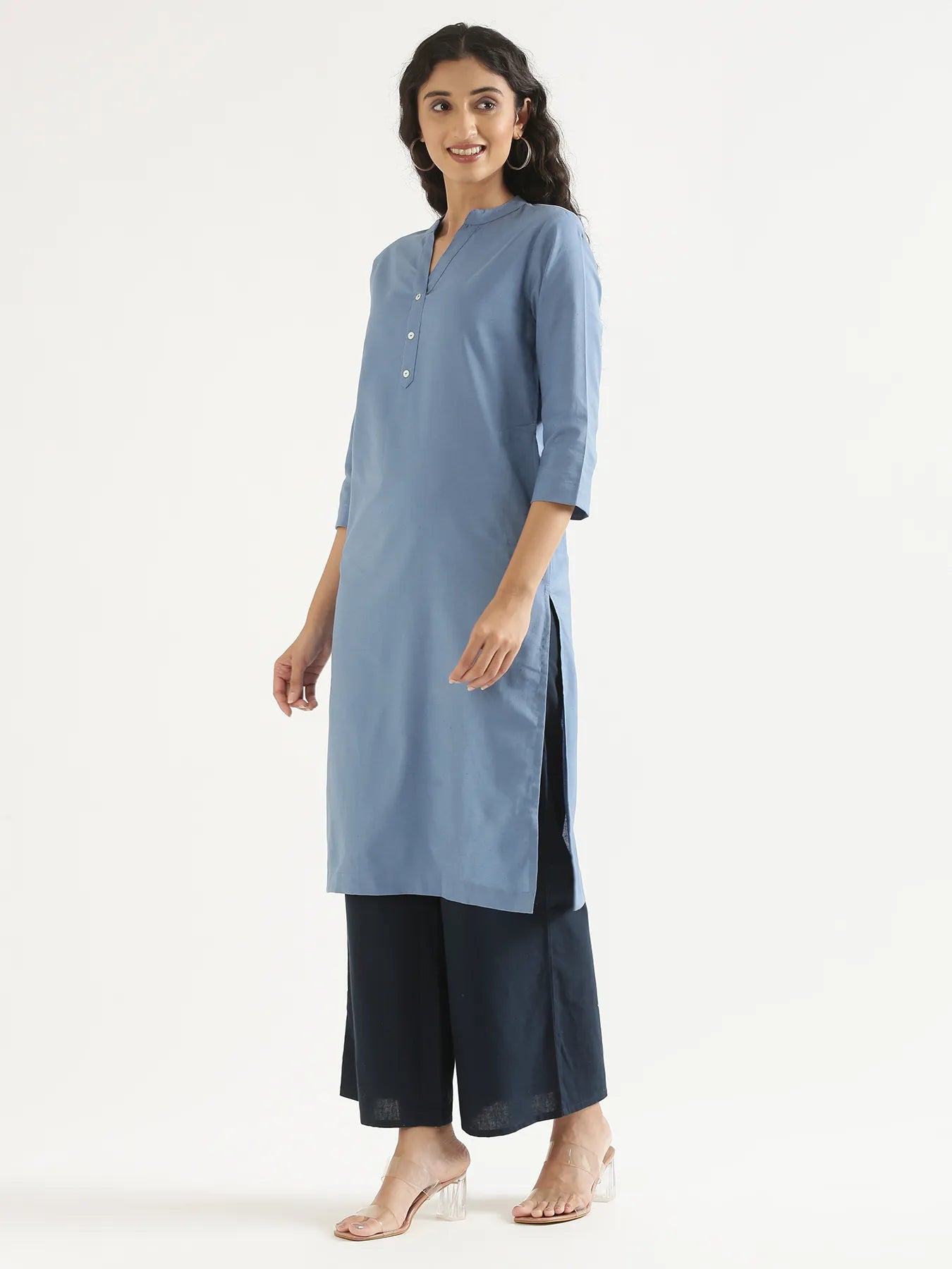 Women English Blue Airy Linen Long Kurta