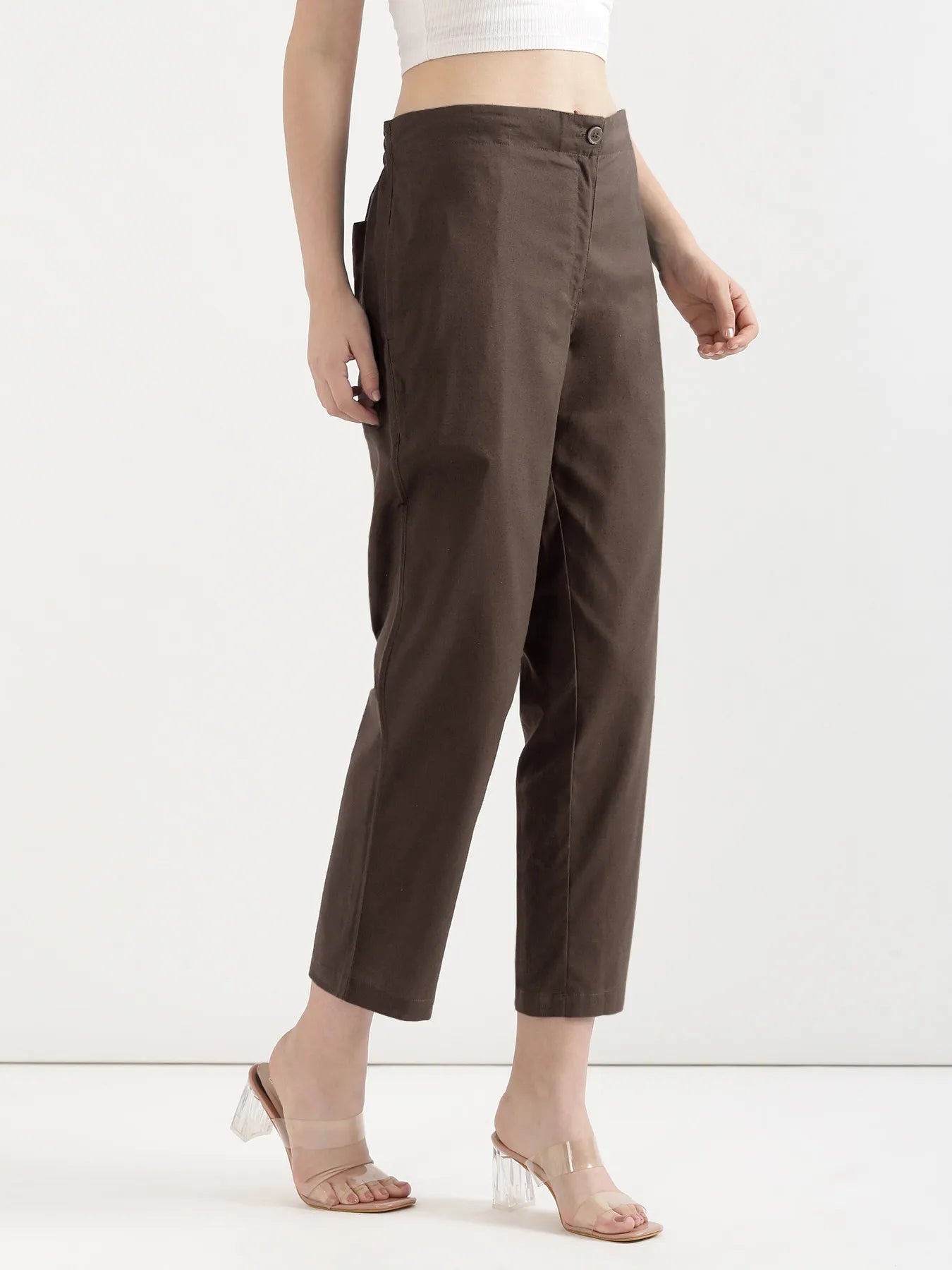 Women Dark Brown Airy Linen Straight Pants