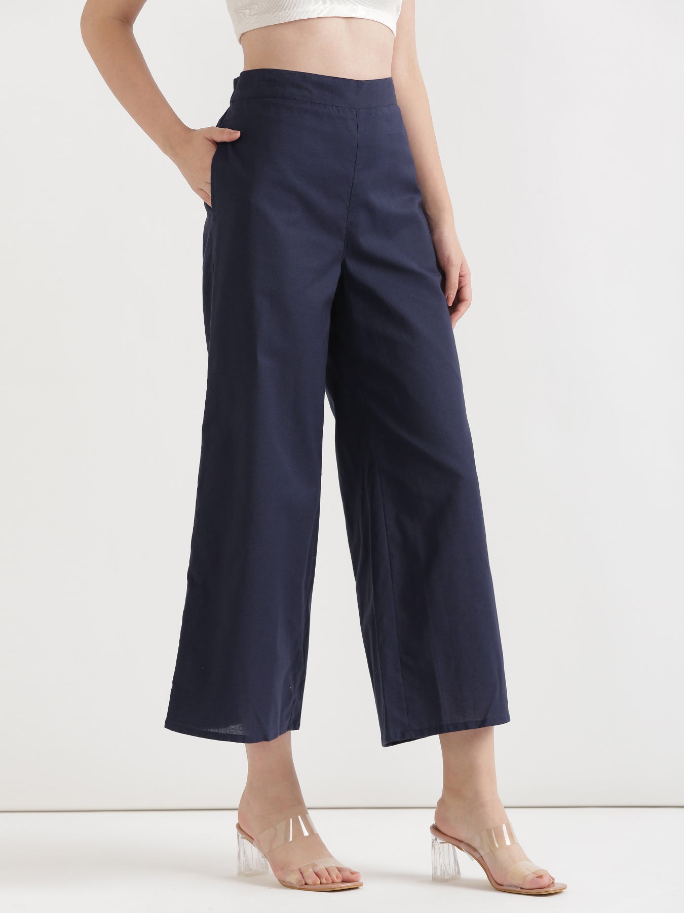 Navy Blue Airy Linen Wide Leg Pant