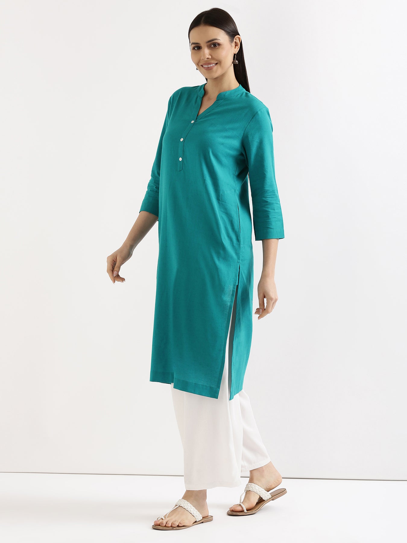 Women Teal Airy Linen Long Kurta