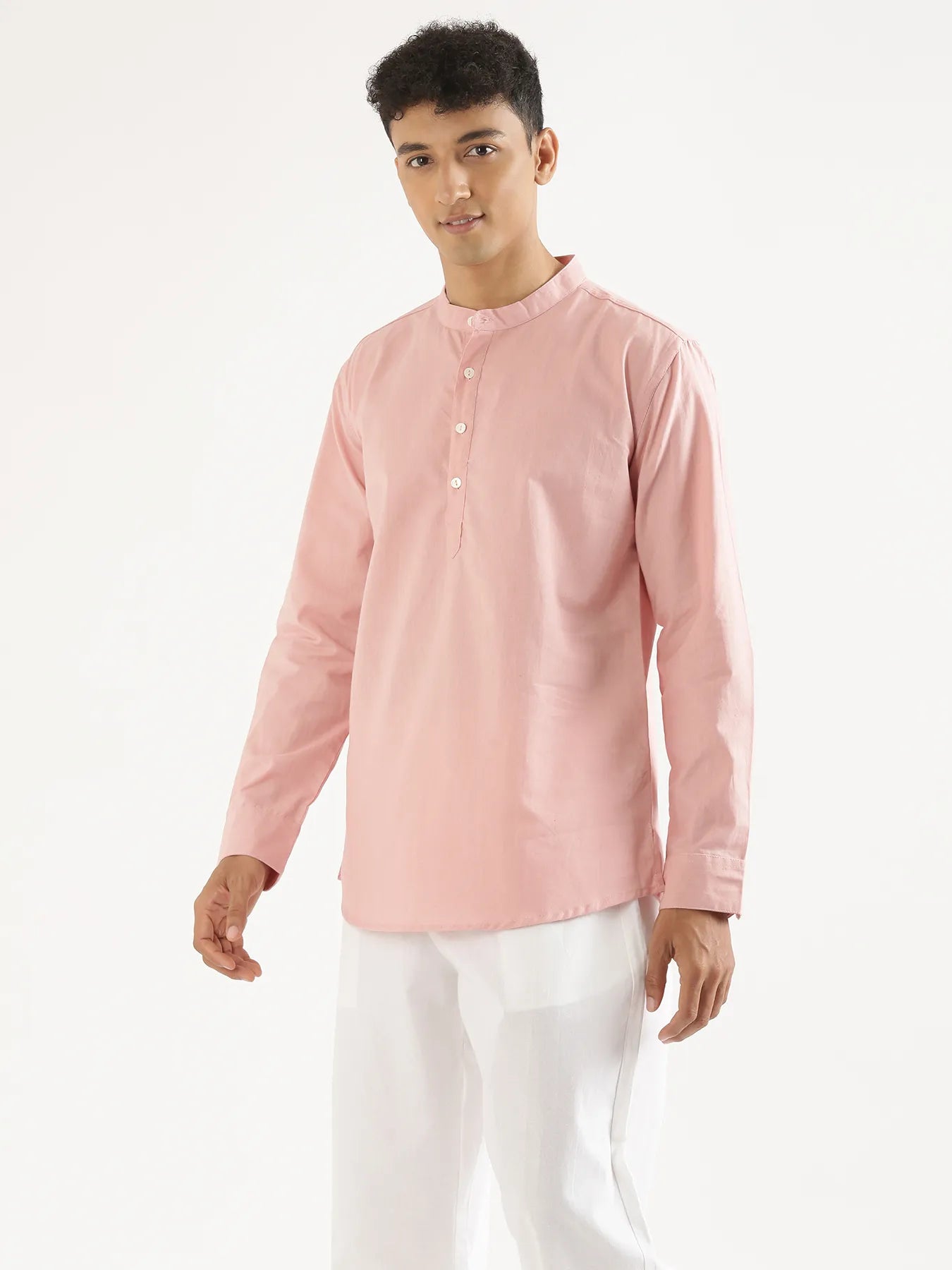 Men Salmon Pink Airy Linen Short Kurta