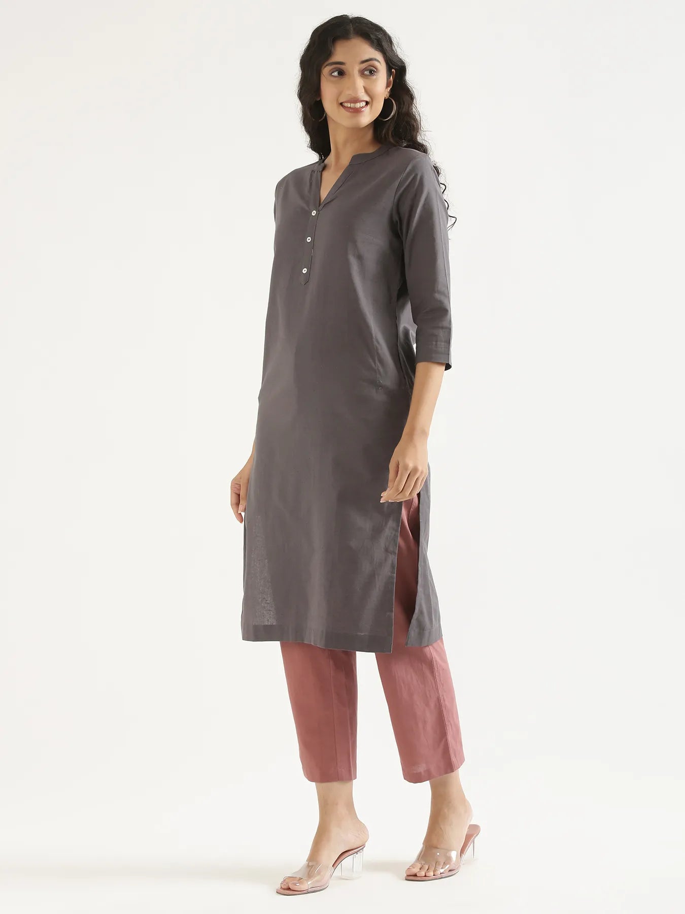 Women Slate Grey Airy Linen Long Kurta