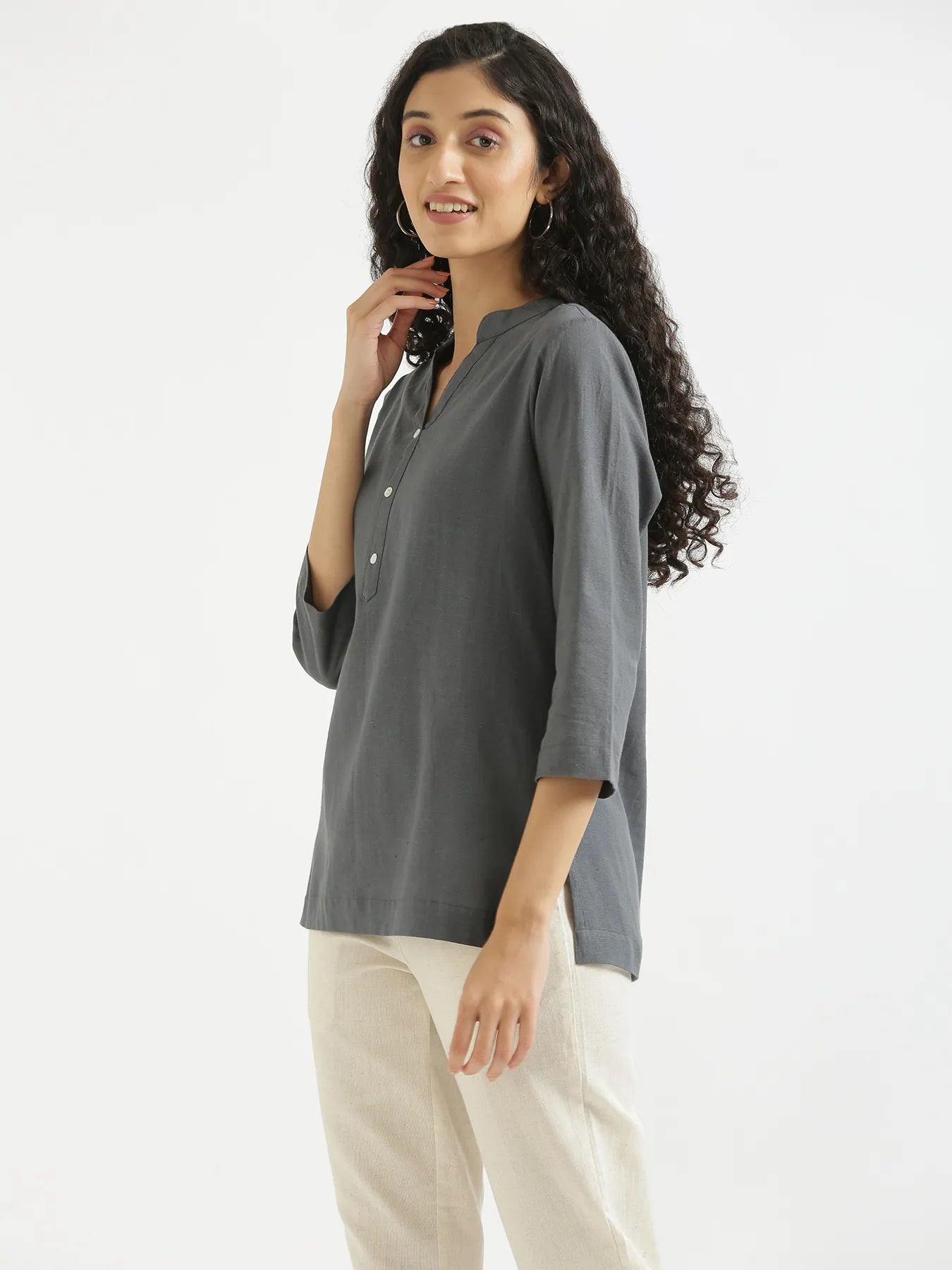 Women Slate Grey Airy Linen Short Kurta