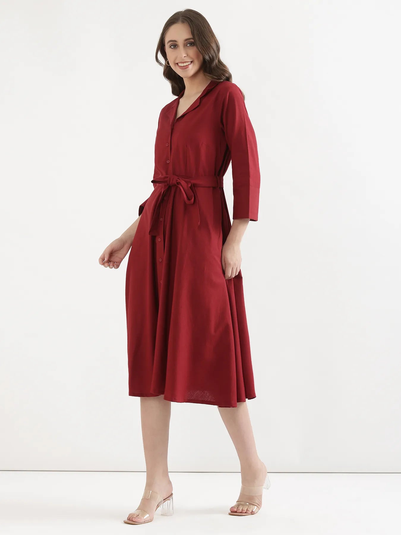 Women Maroon Airy Linen Flared Dress
