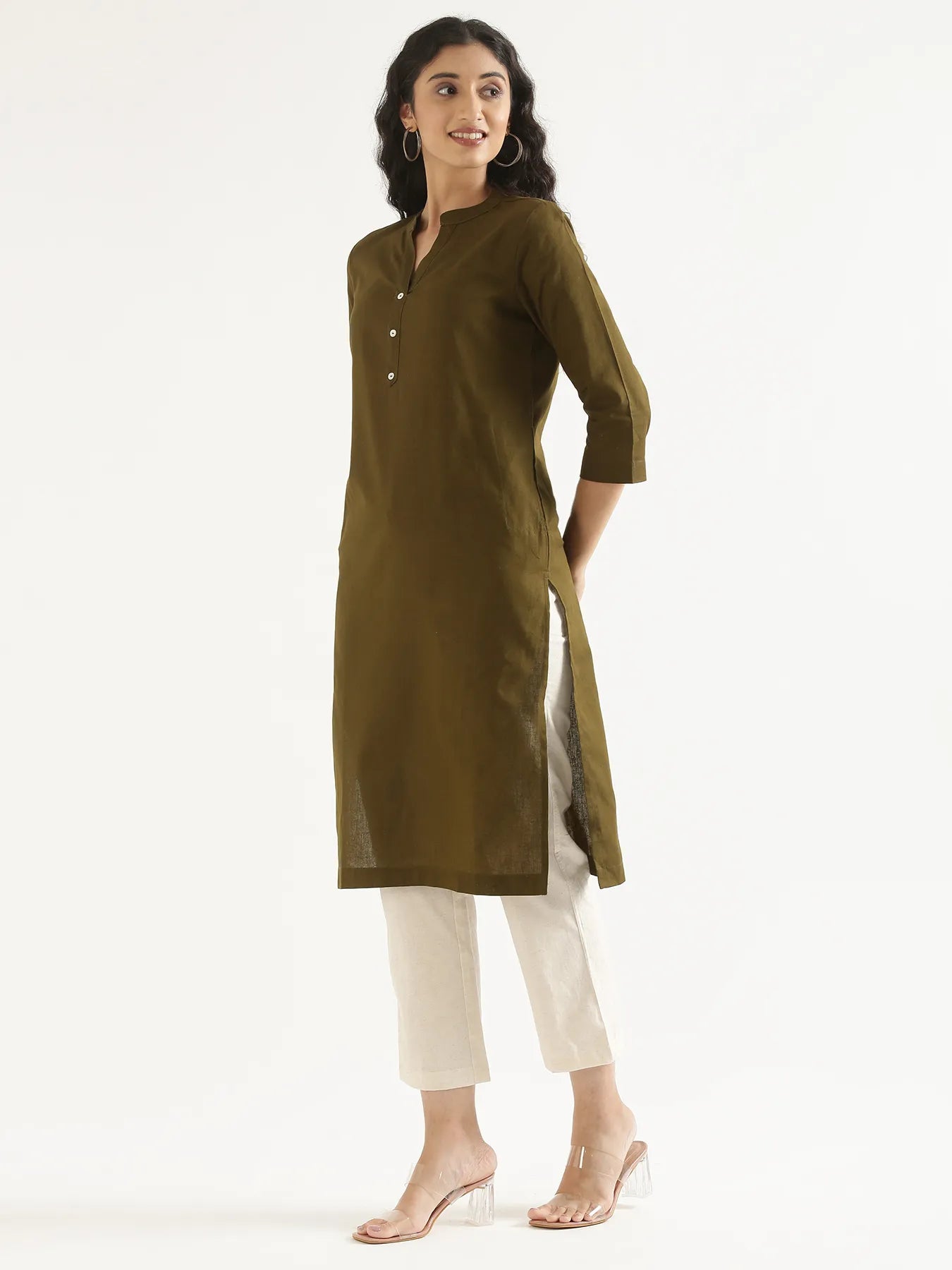 Women Olive Green Airy Linen Long Kurta