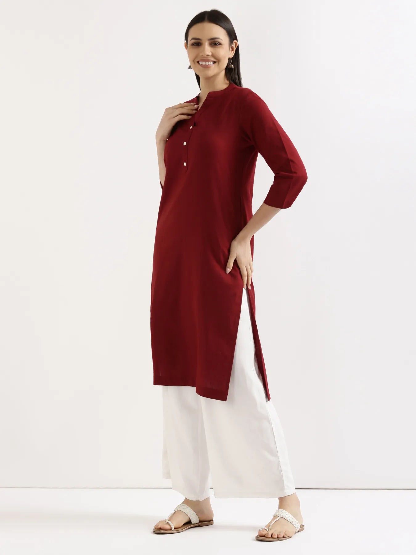 Women Maroon Airy Linen Long Kurta & White Viscose Palazzo Pant Set