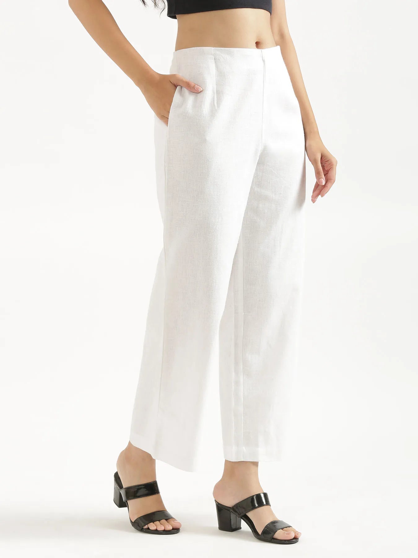 Women White Linen Blend Wide Leg Pant