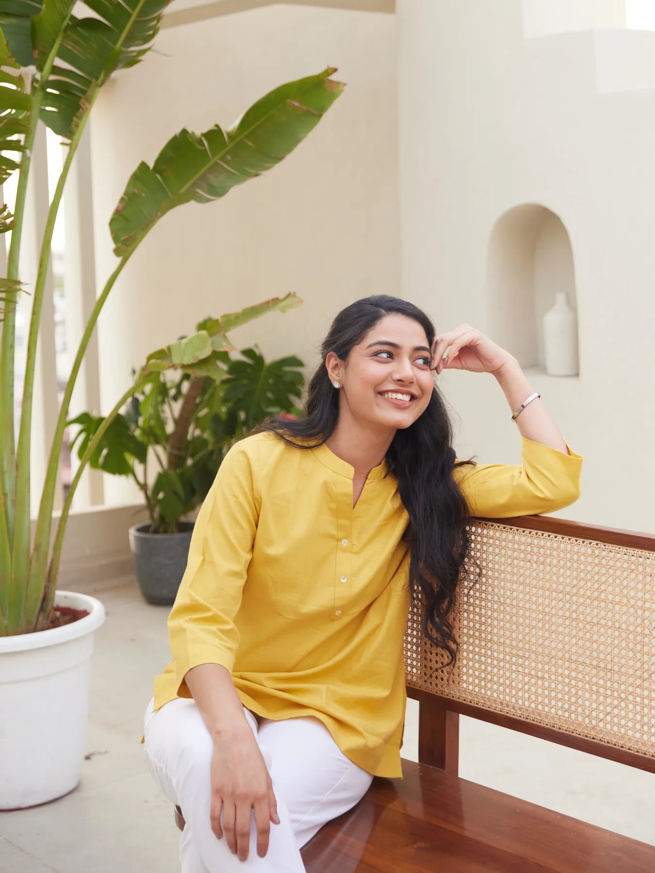 Yellow Short Kurta with White Cotton Pant