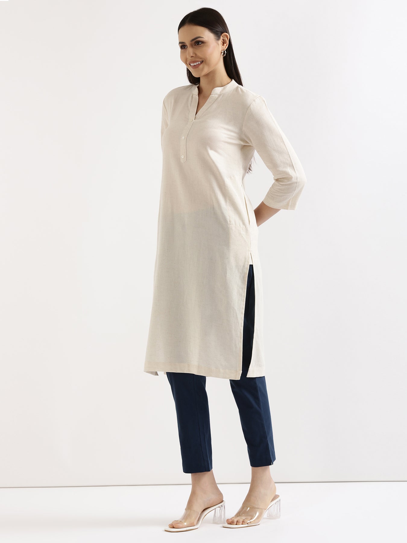Women Ecru Airy Linen Long Kurta