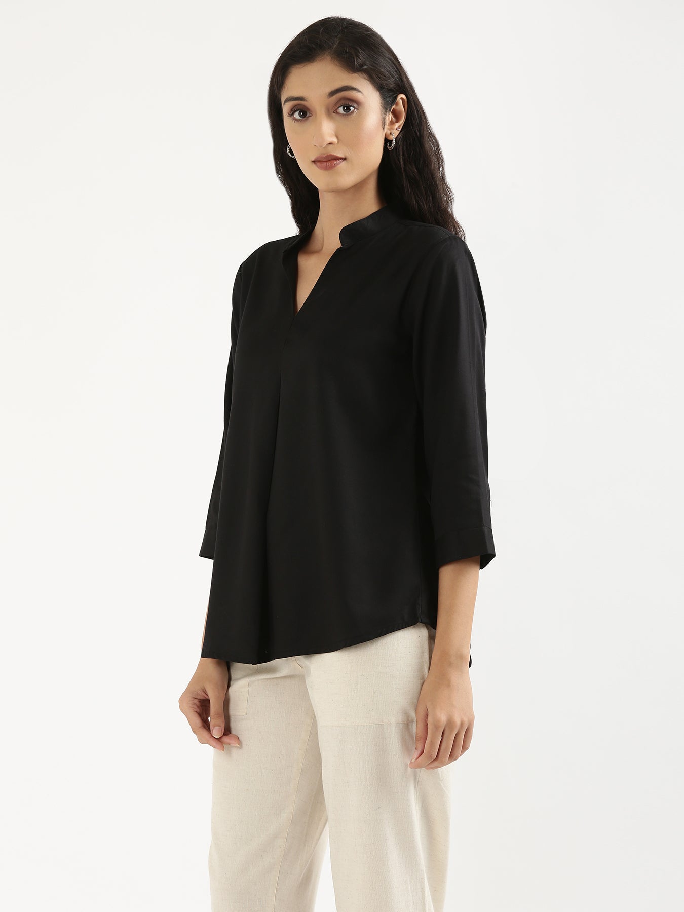 Women Black Viscose Pleated Top