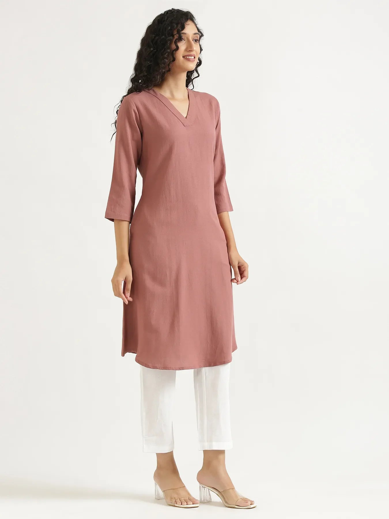 Women Rose Taupe Flowy Linen A-Line Long Kurta