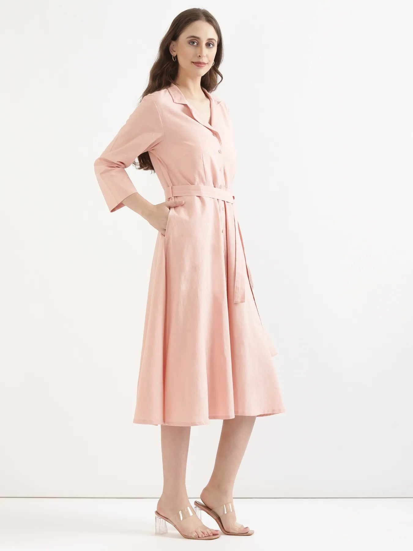 Women Salmon Pink Airy Linen Flared Dress