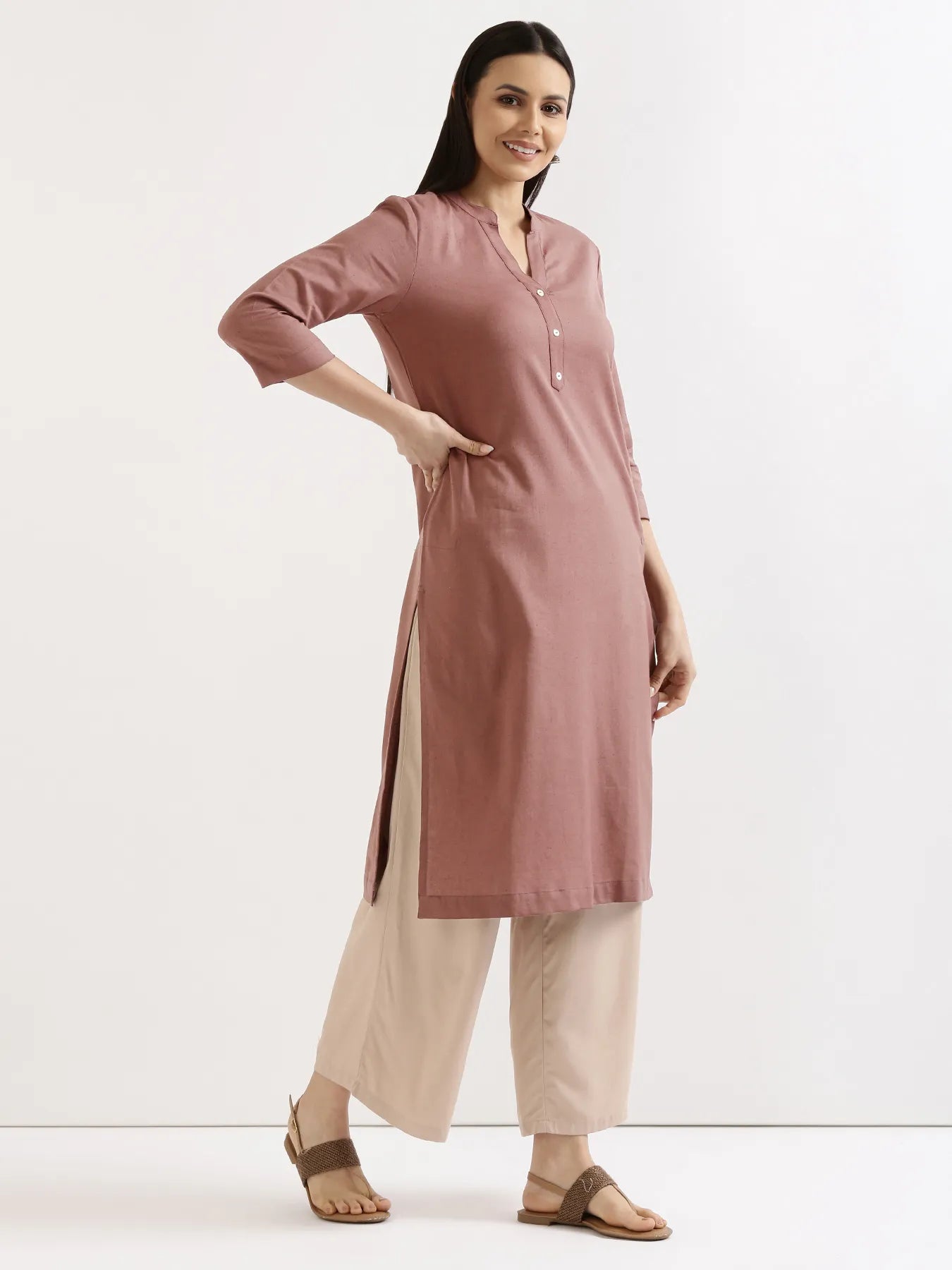 Women Rose Taupe Airy Linen Long Kurta & Beige Viscose Palazzo Pant Set