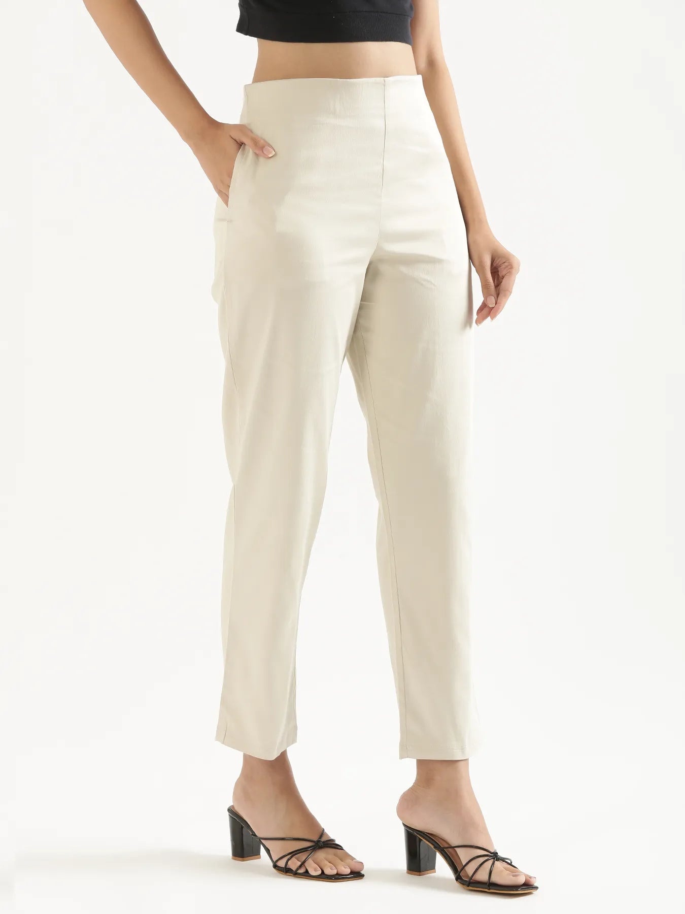 Women Beige Straight Fit Formal Pants