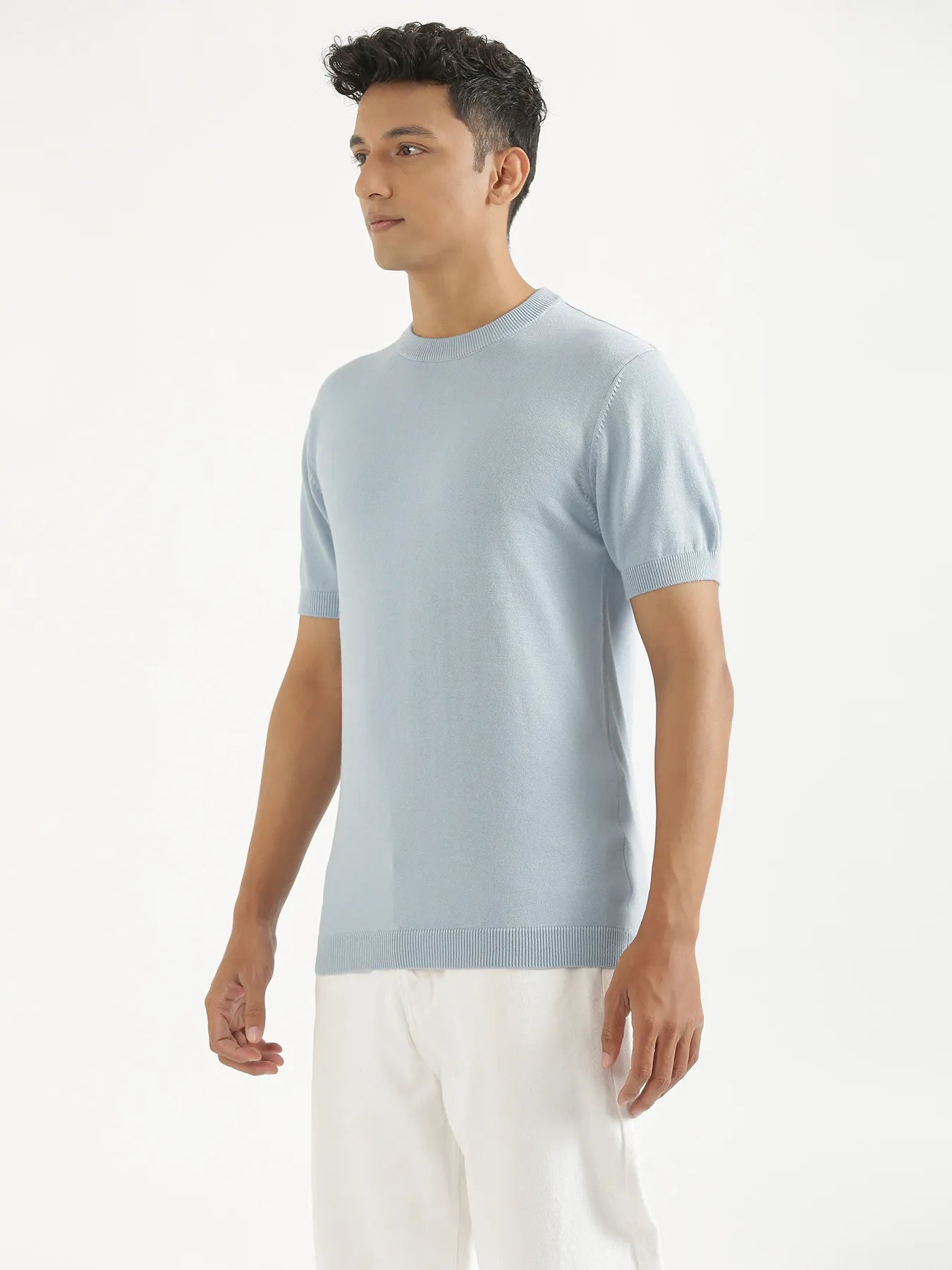 Men Light Blue Flat Knit Round Neck T-shirt