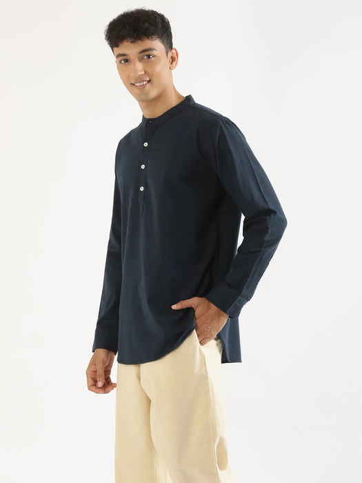 Men Navy Blue Airy Linen Short Kurta