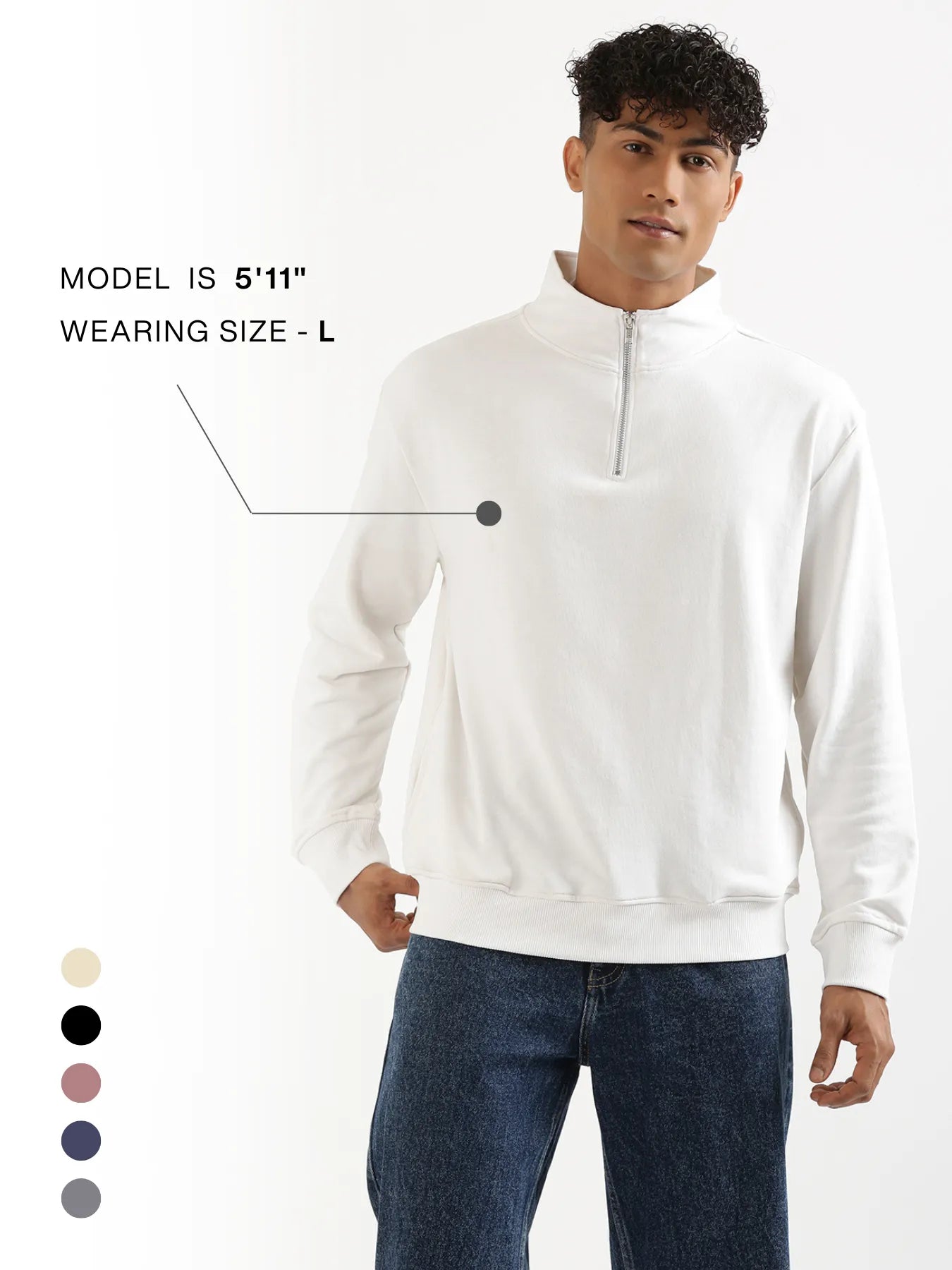 Unisex White Zip Neck Sweatshirt