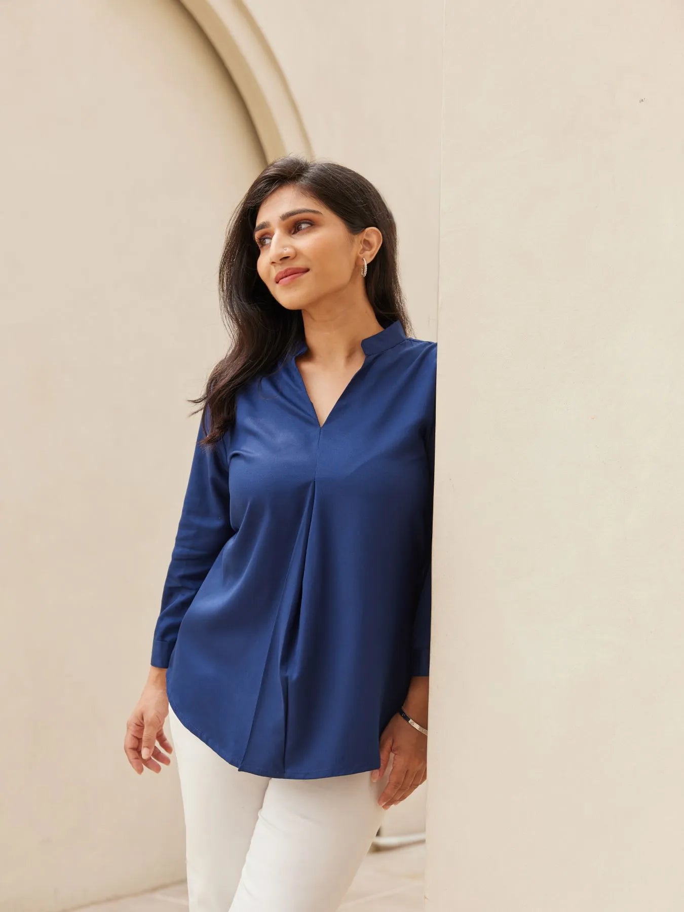 Navy Blue Pleated Top with White Straight Fit Formal Pant