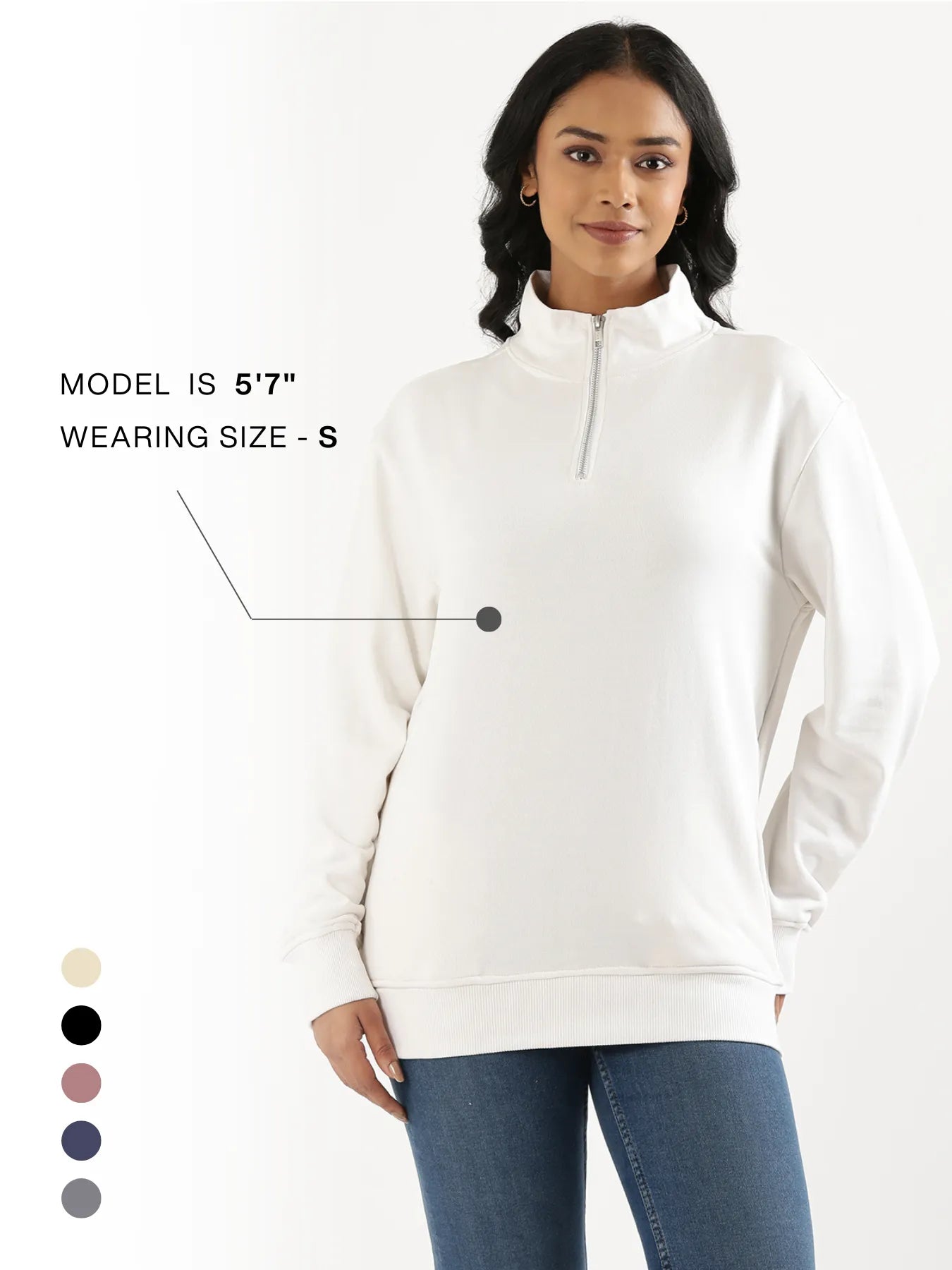 Unisex White Zip Neck Sweatshirt