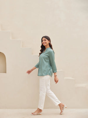 Jade Pleated Top with White Straight Fit Format Pant