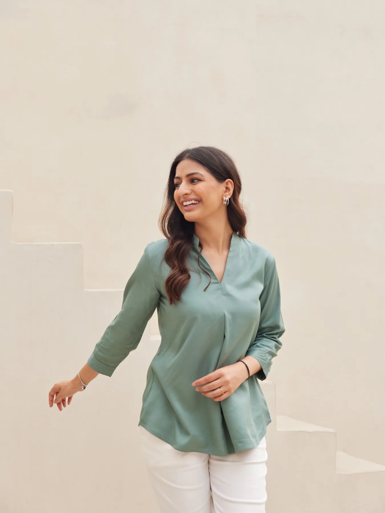 Jade Pleated Top with White Straight Fit Format Pant