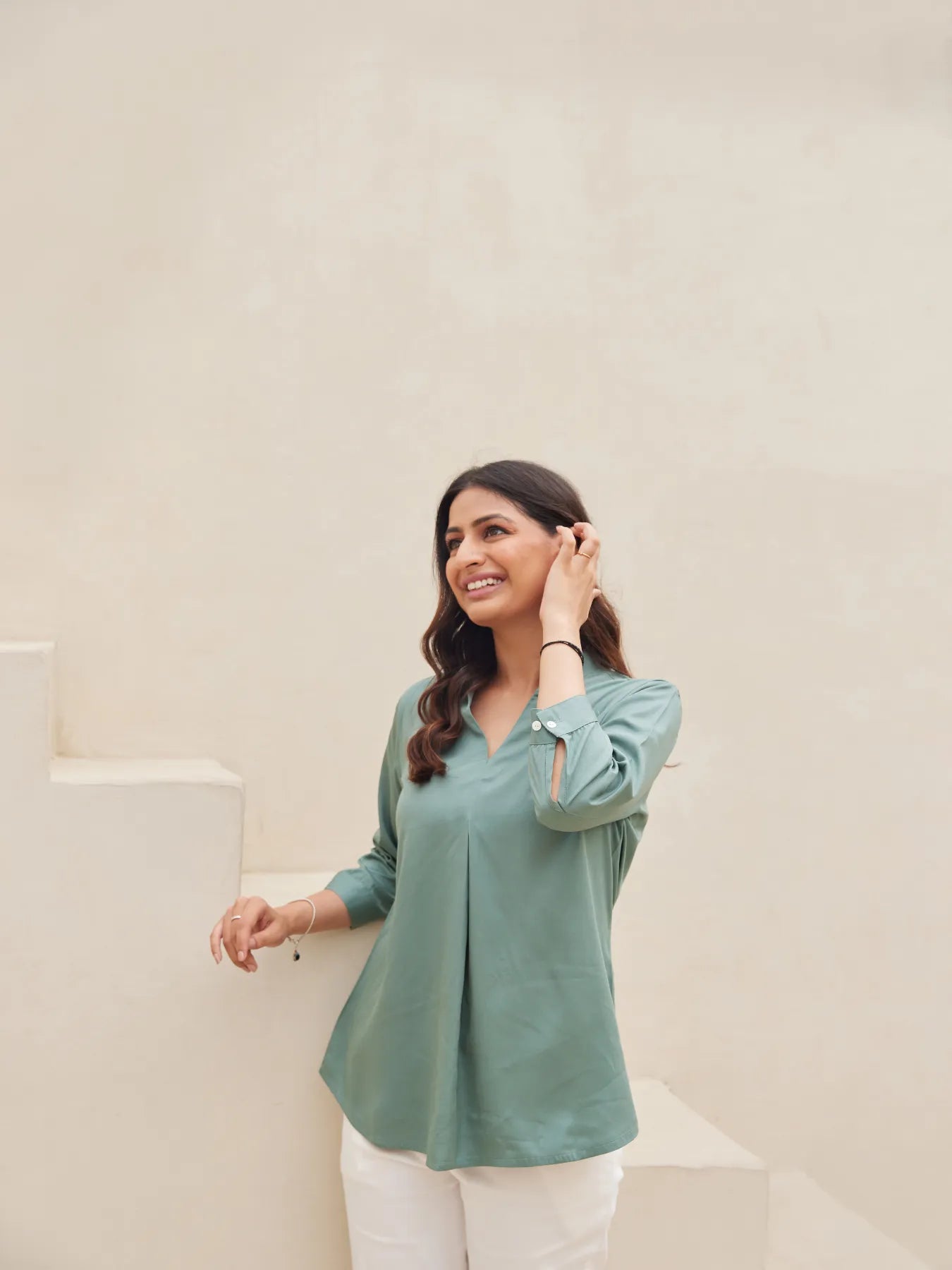Jade Pleated Top with White Straight Fit Format Pant