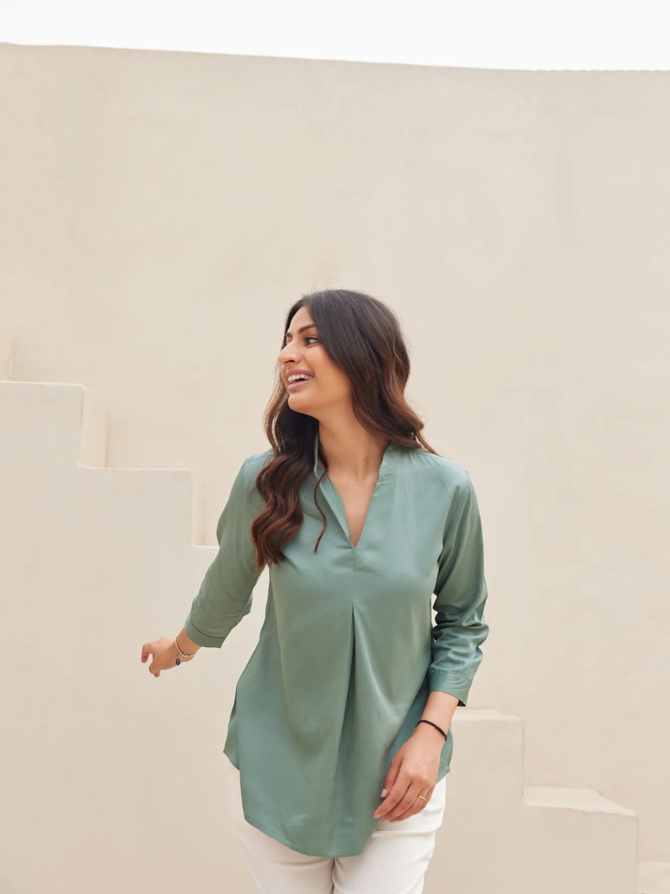 Jade Pleated Top with White Straight Fit Format Pant
