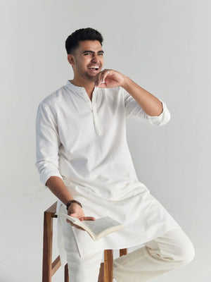 Men White Airy Linen Long Kurta