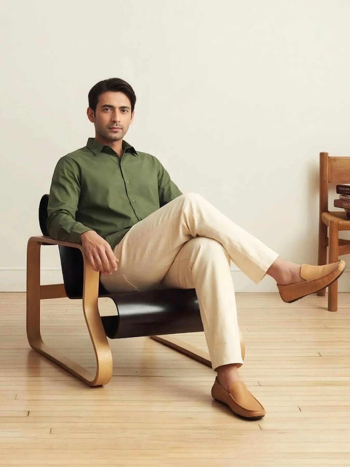 Men Forest Green Better Cotton Full Sleeve Shirt & Beige Linen Blend Straight Pant