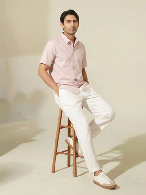 Men Mauve Pink Better Cotton Short Sleeve Shirt & White Cotton Pant