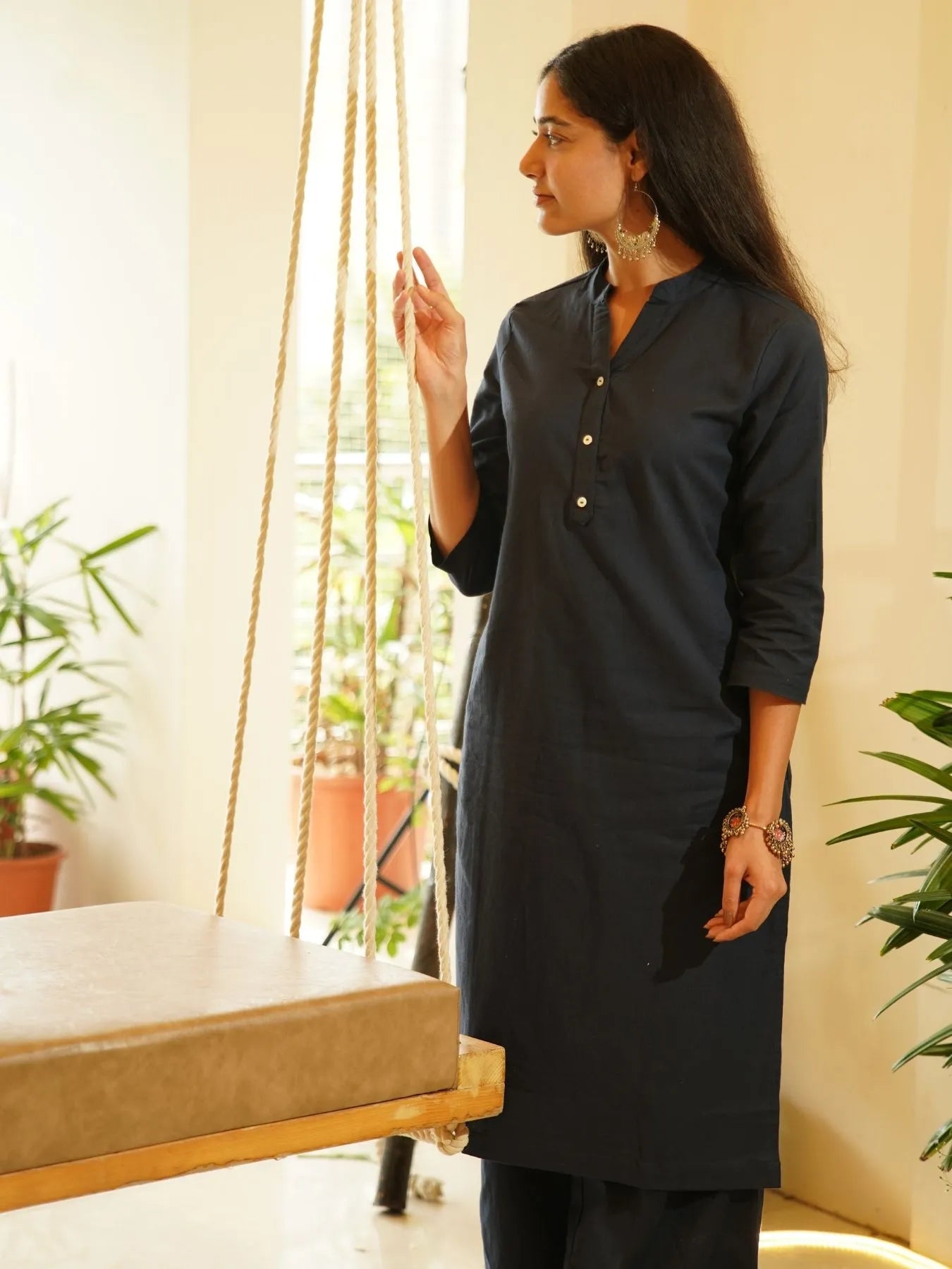 Navy Blue Airy Linen Long Kurta Co-ord Set