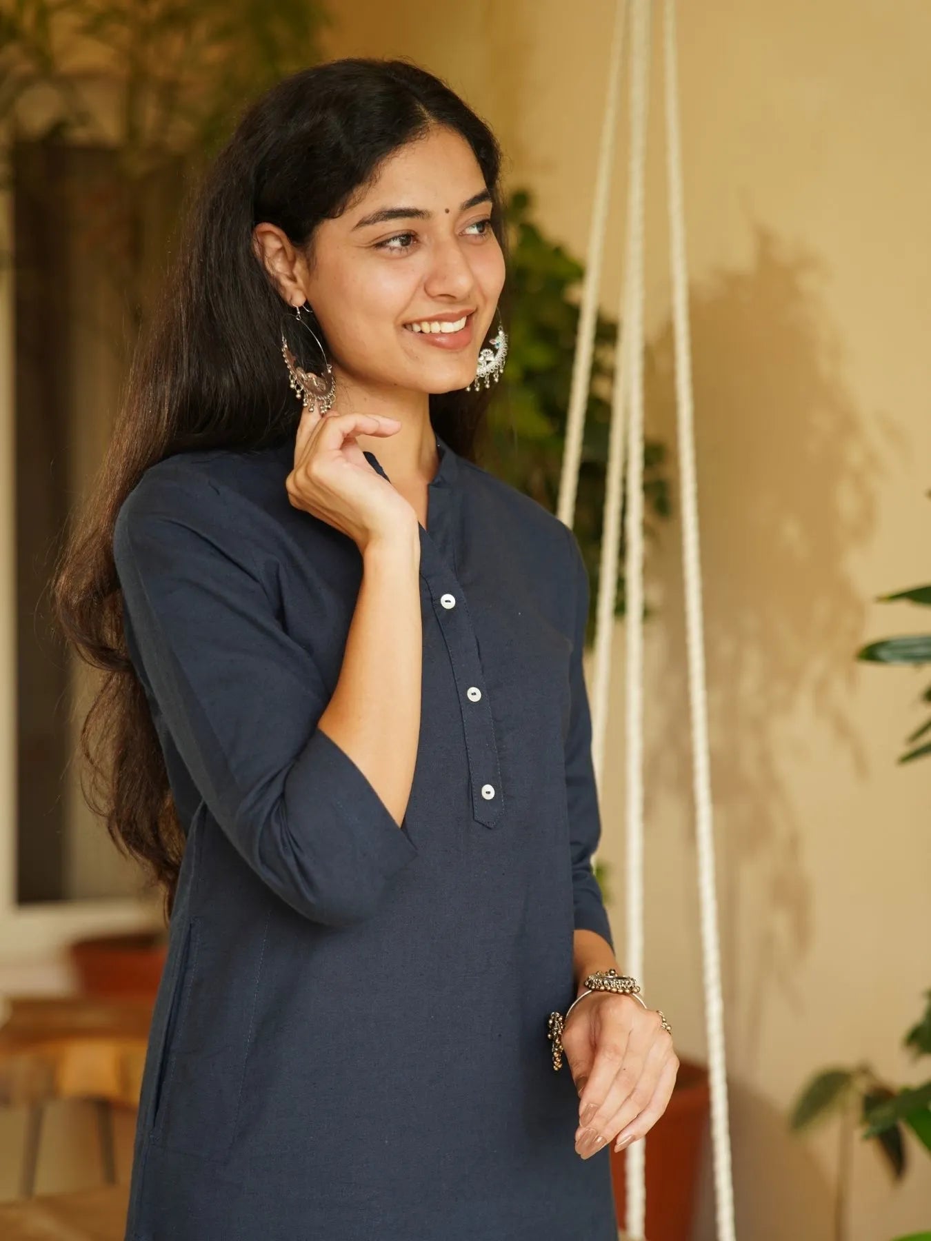 Navy Blue Airy Linen Long Kurta Co-ord Set