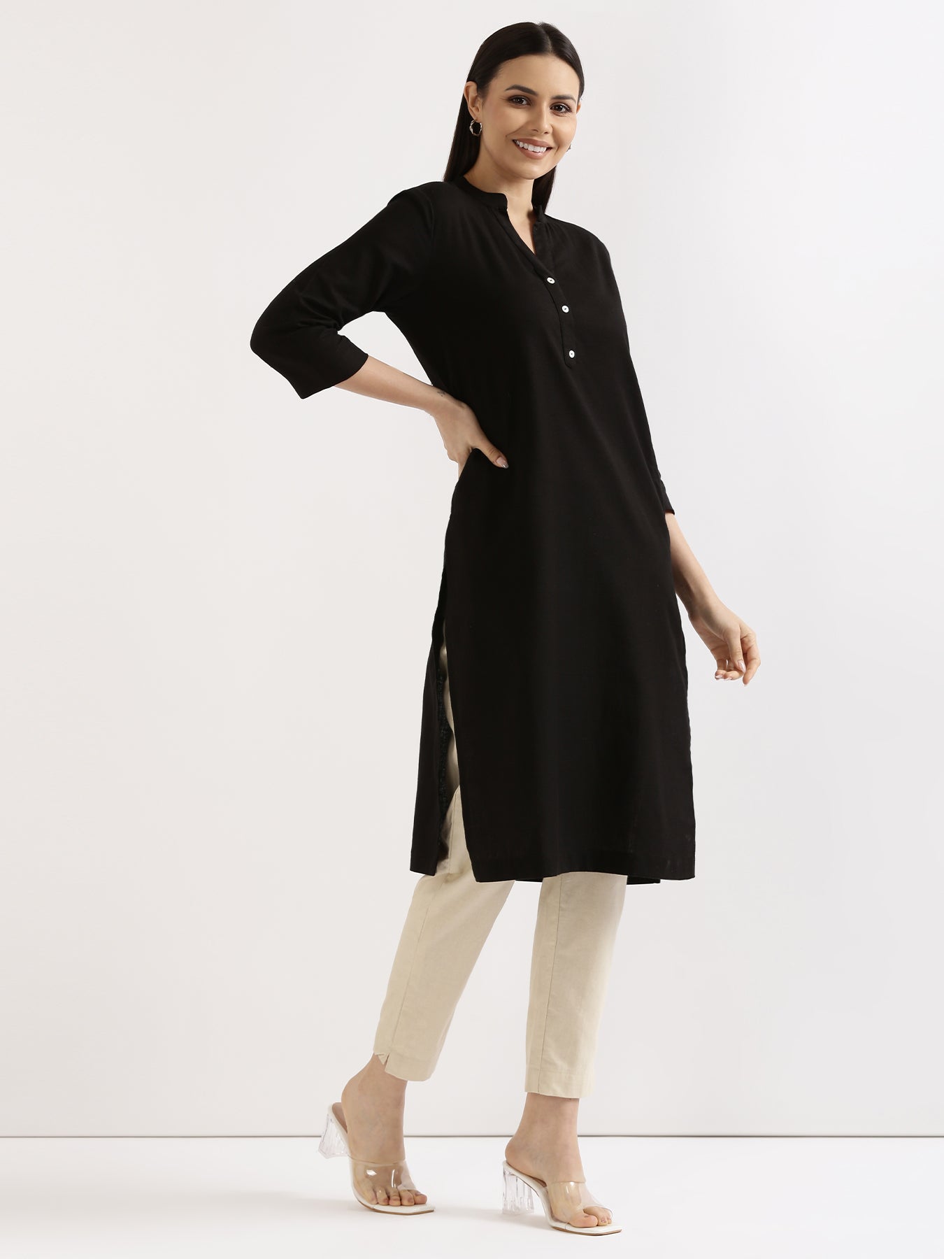 Women Black Airy Linen Long Kurta