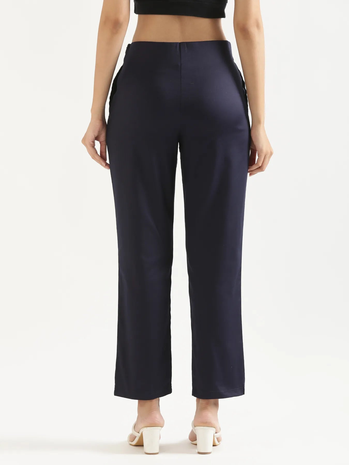 Women Navy Blue Straight Fit Formal Pants