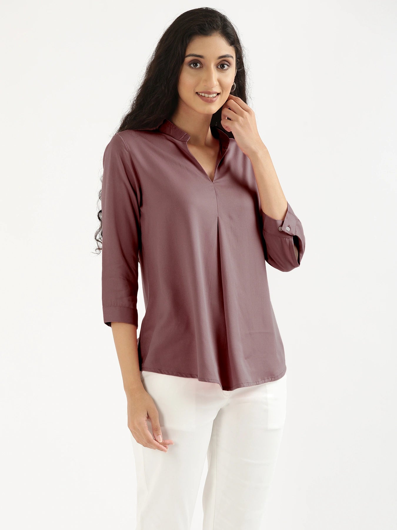 Women Rose Taupe Viscose Pleated Top