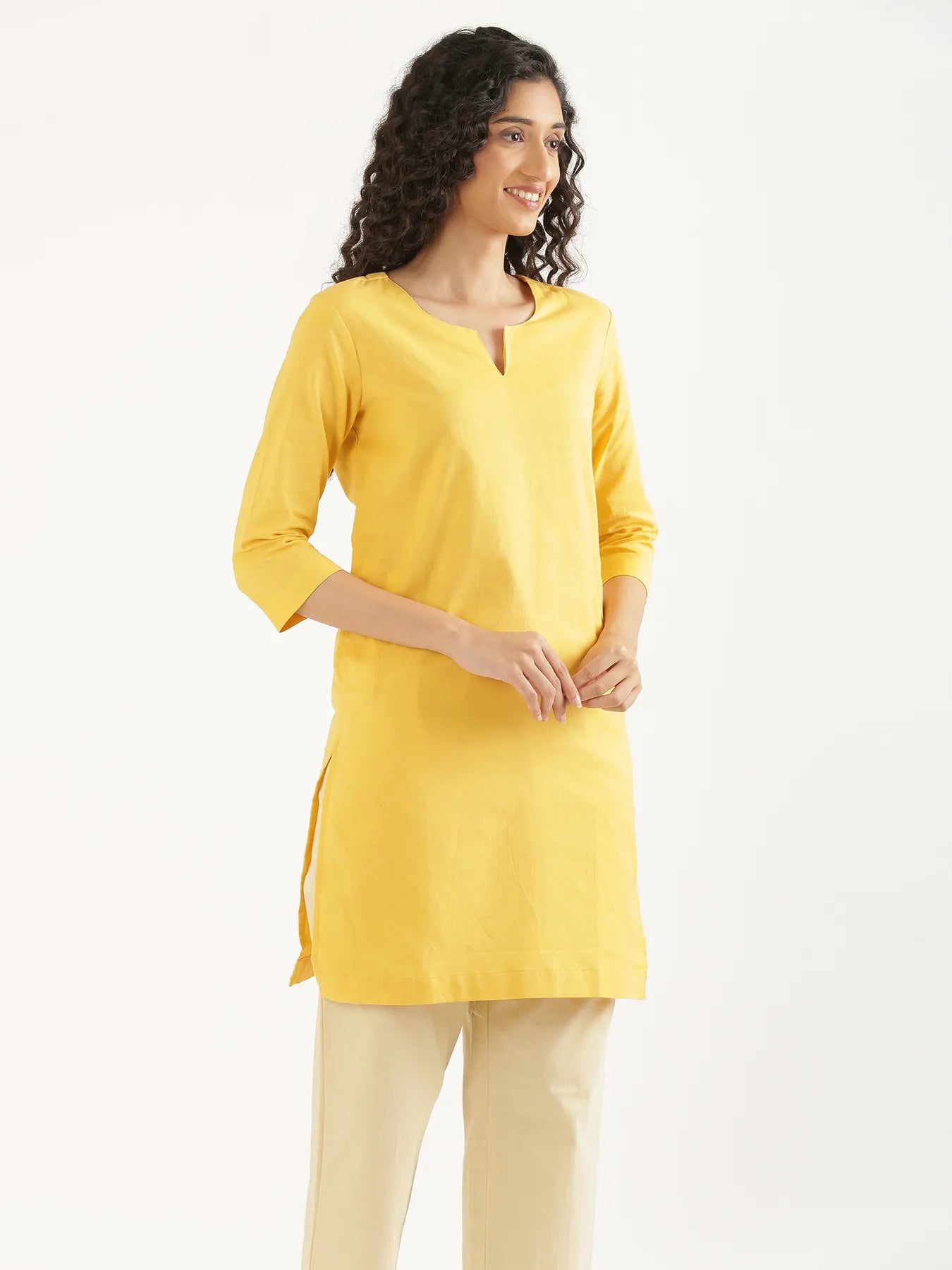 Women Yellow Airy Linen Mid Thigh Length Kurta