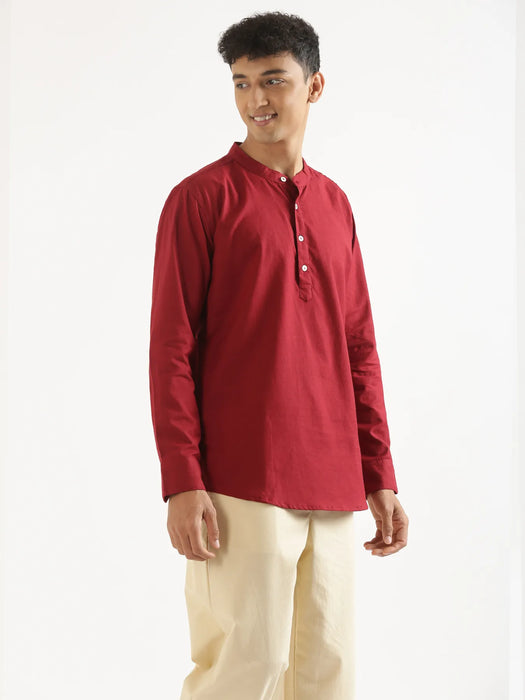 Men Maroon Airy Linen Short Kurta