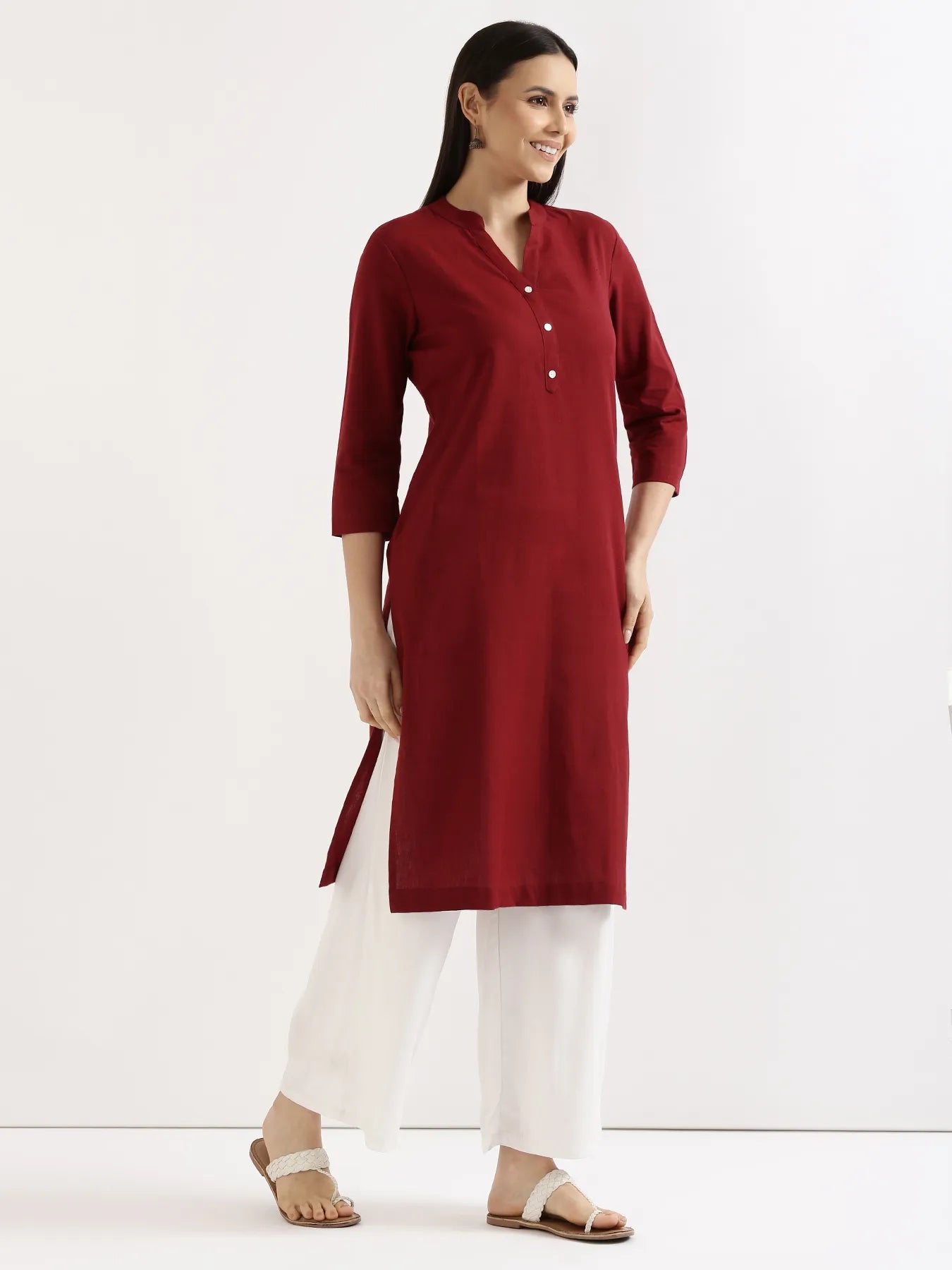 Women Maroon Airy Linen Long Kurta & White Viscose Palazzo Pant Set
