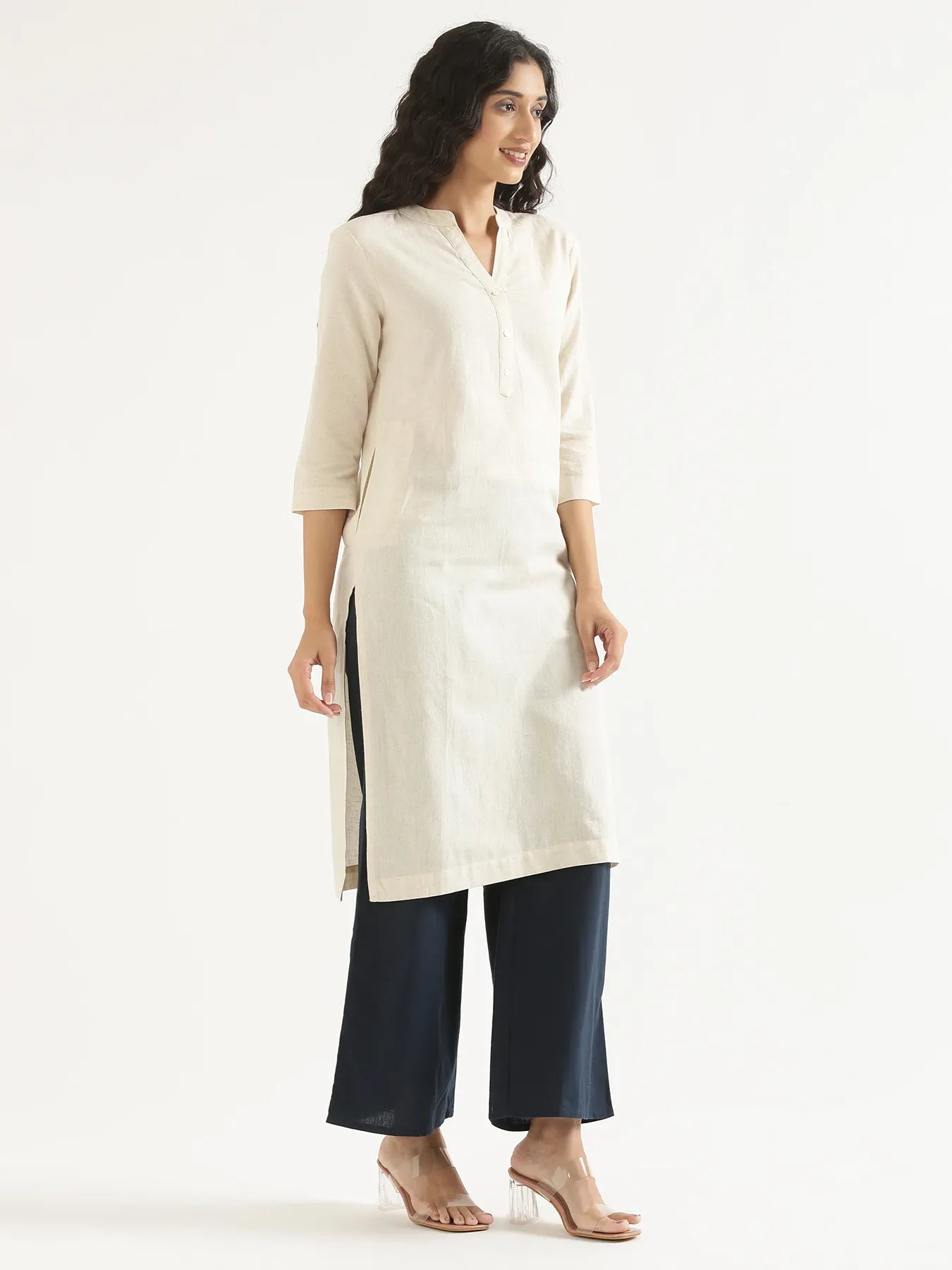 Women Ecru Airy Linen Long Kurta