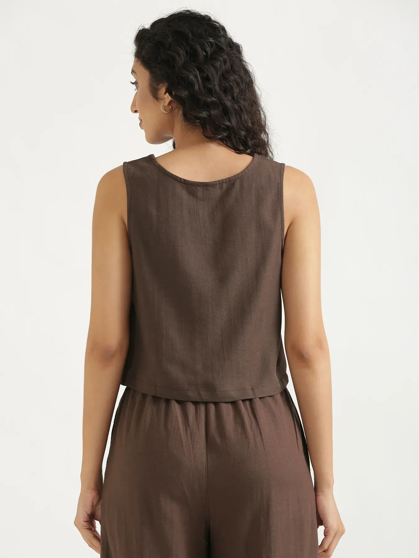Women Dark Brown Flowy Linen Crop Top