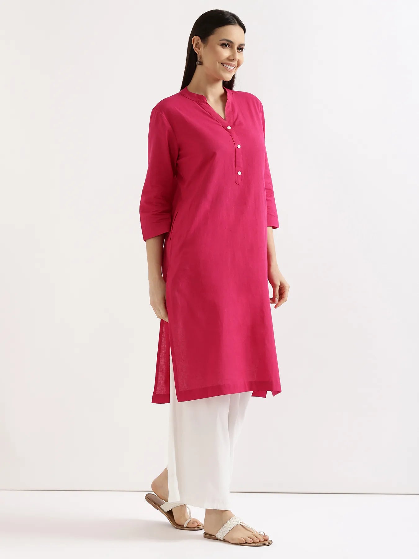 Women Hot Pink Airy Linen Long Kurta & White Viscose Palazzo Pant Set