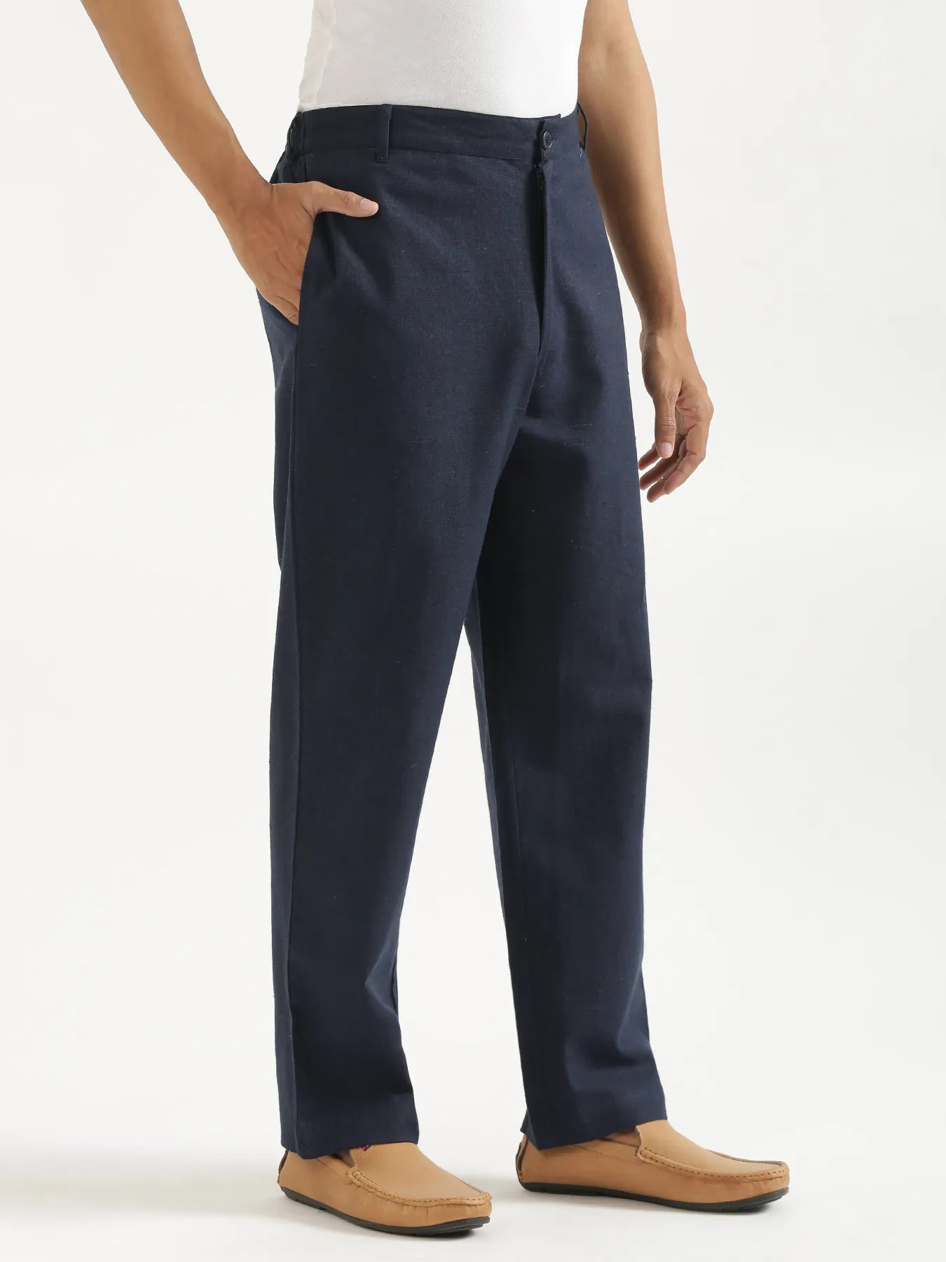 Men Navy Blue Linen Blend Straight Pant