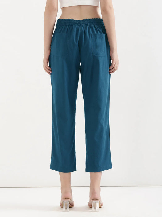 Women Turquoise Airy Linen Straight Pants