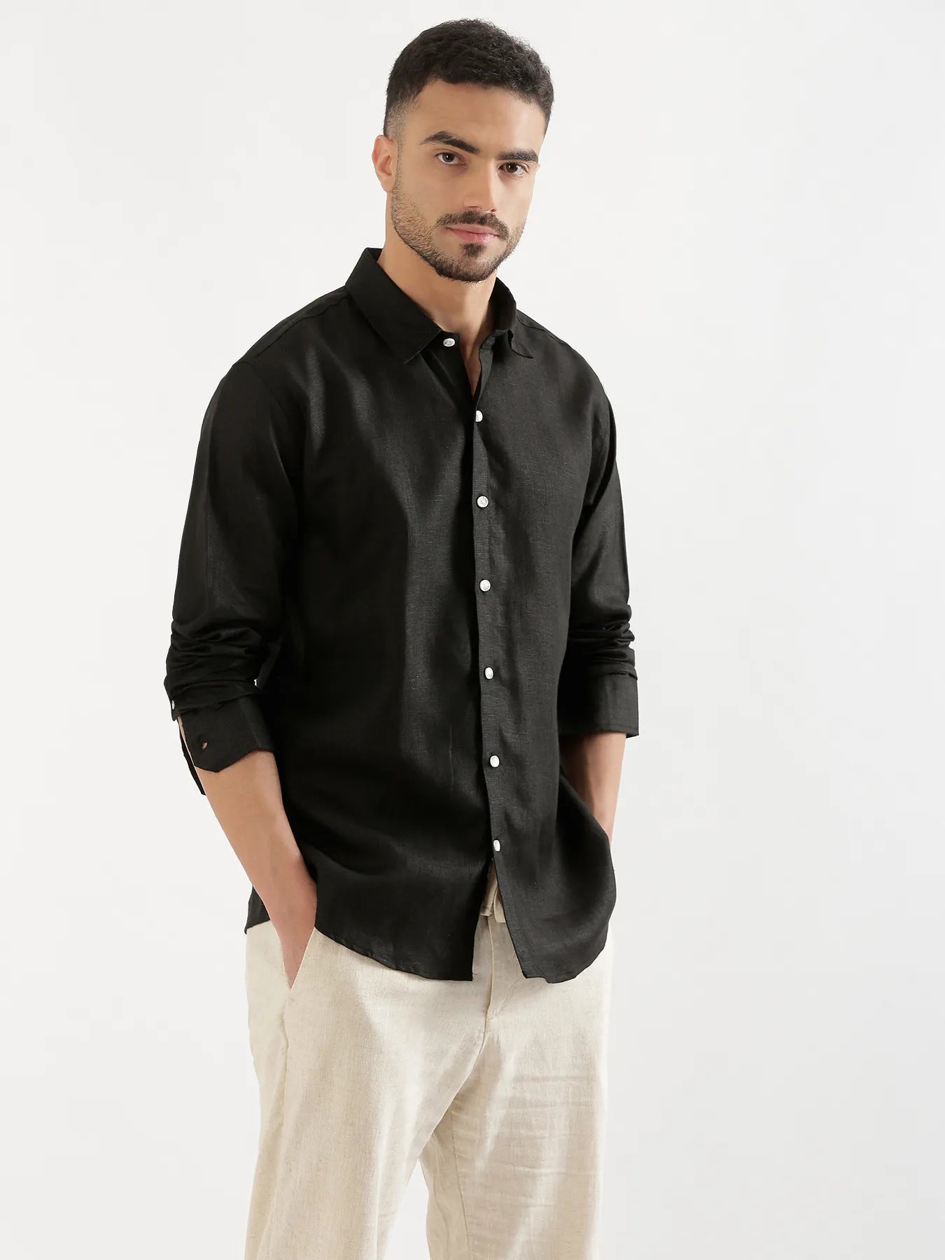 Men Black 100% Linen Shirt