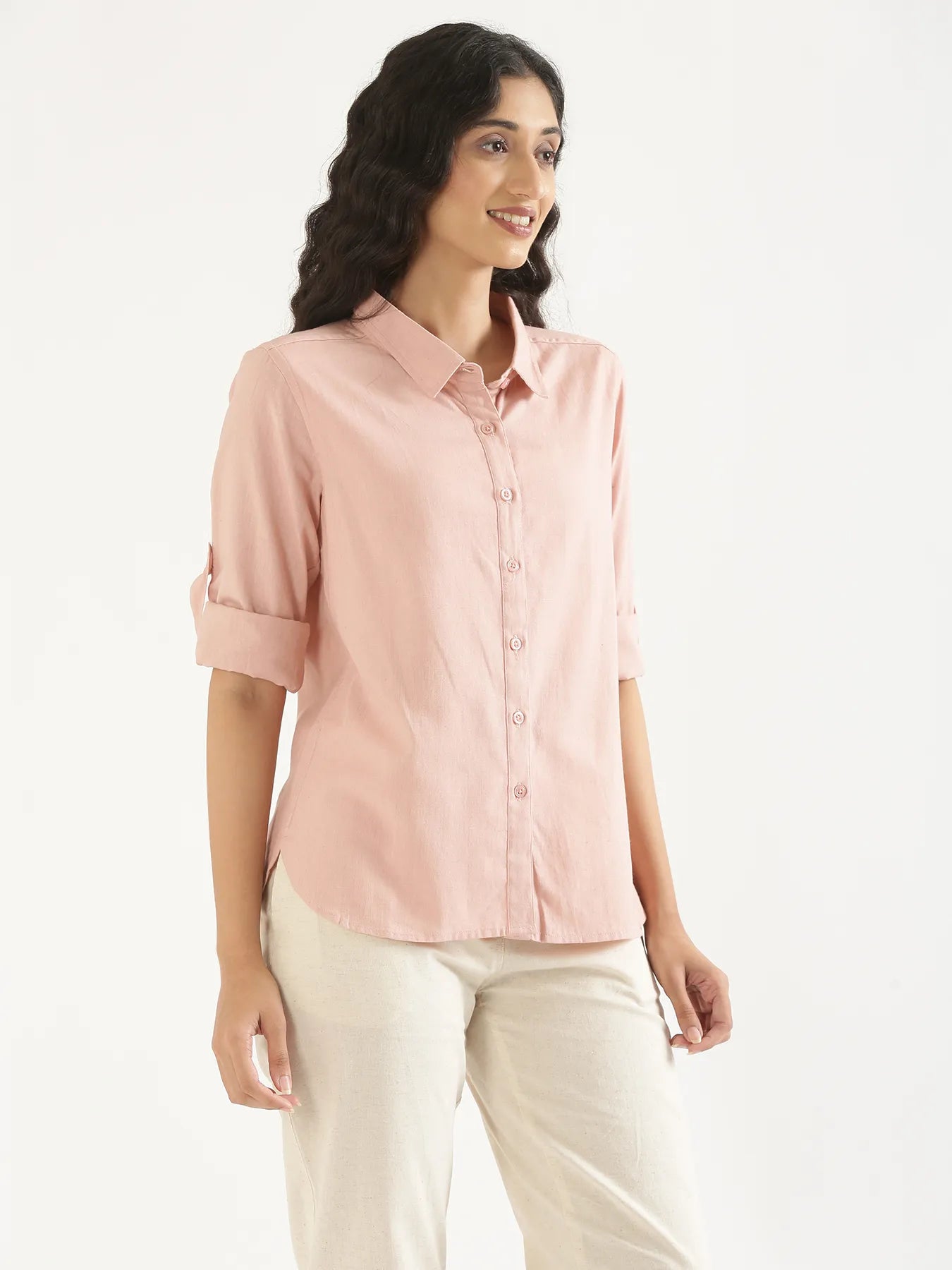 Women Salmon Pink Airy-Linen Shirt