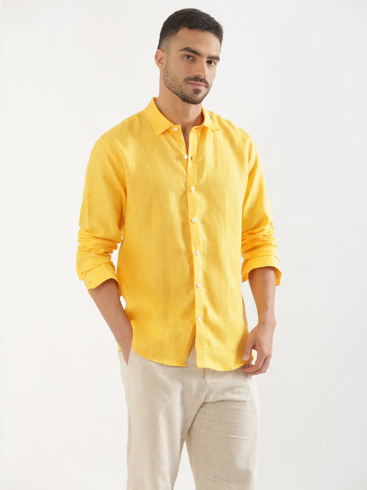 Men Mango Yellow 100% Full Sleeve Linen Shirt