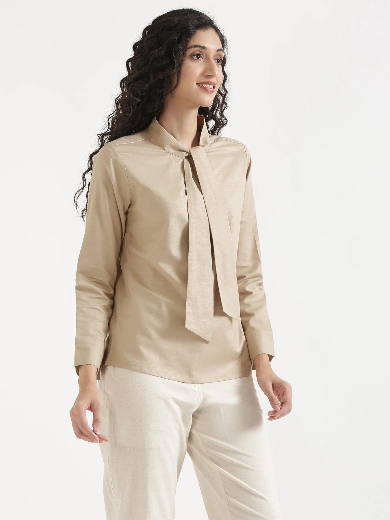 Women Taupe Linen Blend Knot Blouse & Ecru Airy Linen Straight Pants Pant Set
