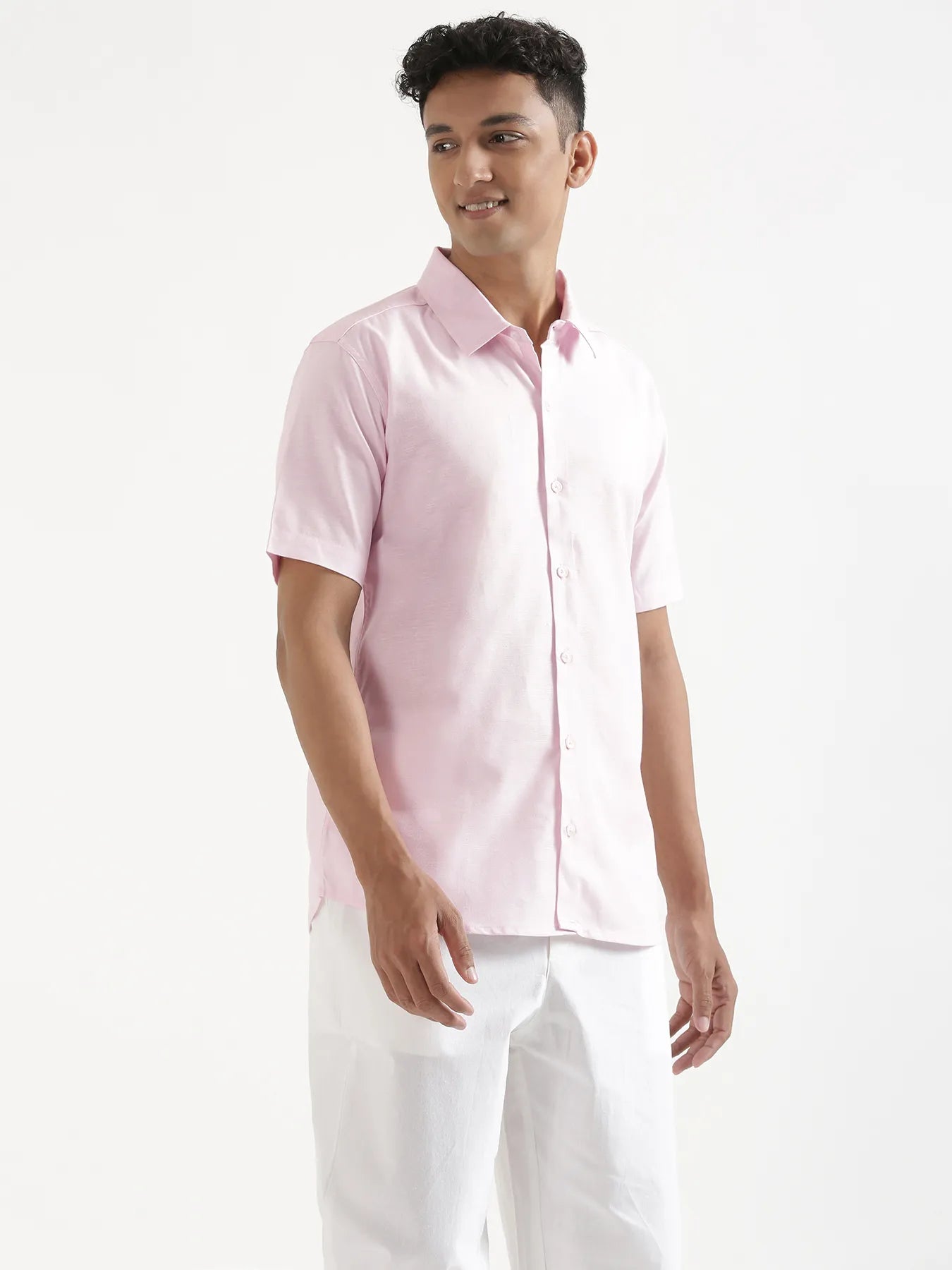 Men Blush Pink Linen Blend Short Sleeve Shirt