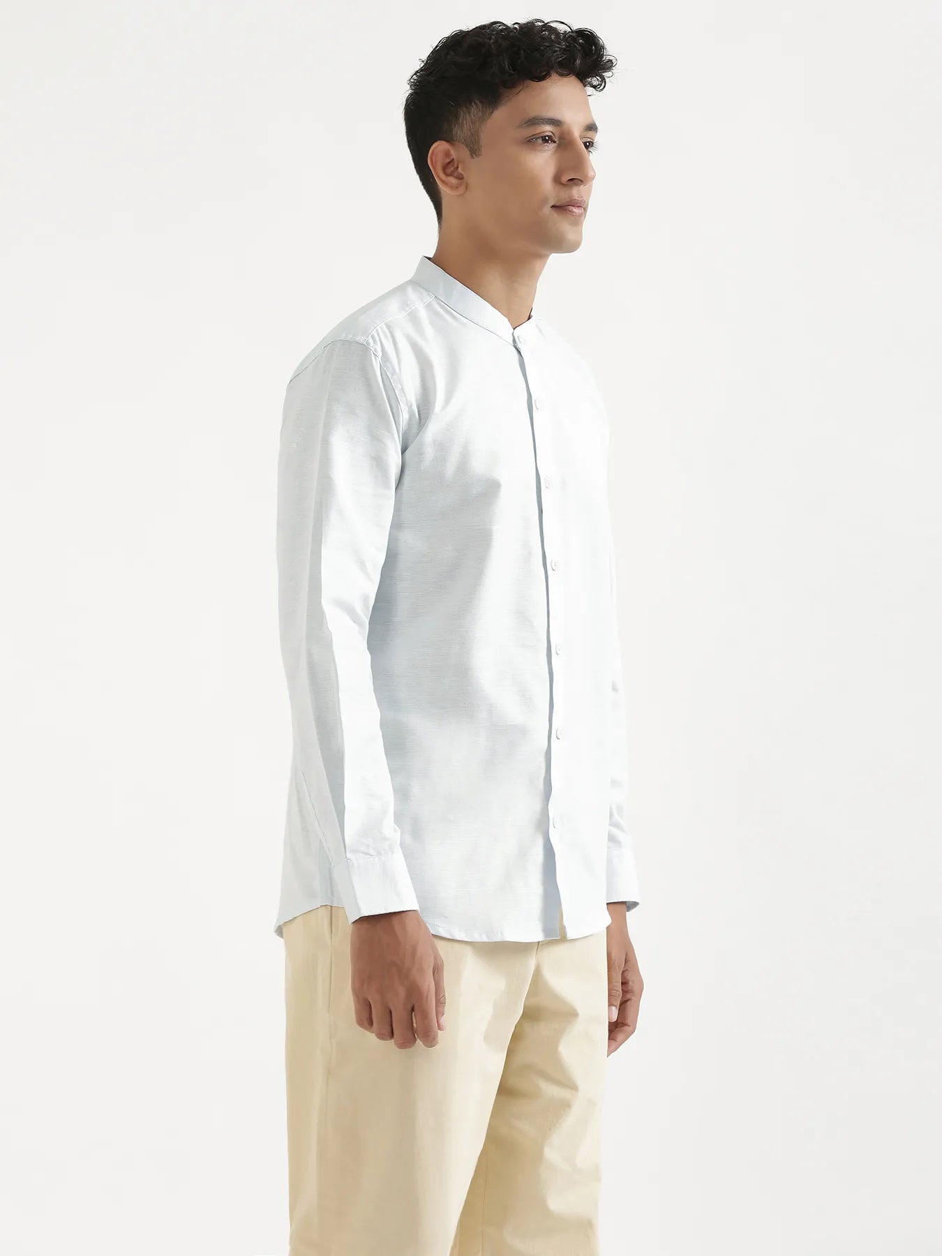 Men Powder Blue Linen Blend Mandarin Collar Shirt